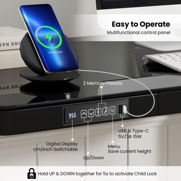 Costway Electric Standing Desk 48  Adjustable Height with Tempered Glass USB Port and Drawer New Online now - Image 5