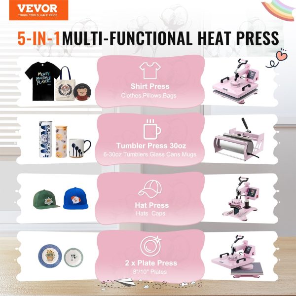 Vevor Heat Press 5-in-1 Machine 15  x 15  with 30oz Tumbler Press Pink New Discount - Image 3