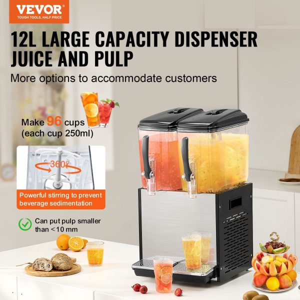 Vevor Beverage Dispenser 12.7 Qt 2 Tank Commercial Stainless Steel Cold Juice Dispenser 265W Wide Spout New For Discount - Image 3